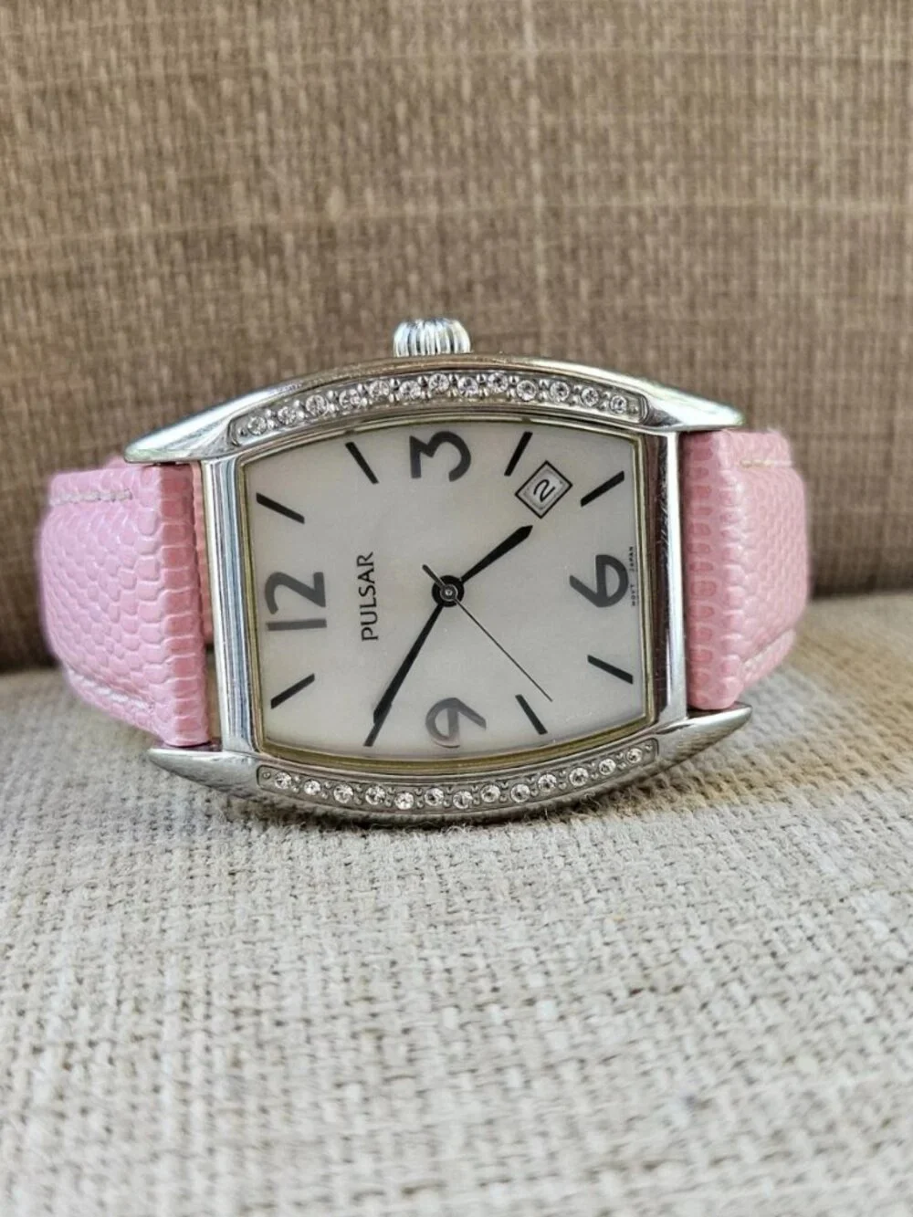 Vintage Pulsar Wristwatch Pink Leather Strap Japan Movt Date Calendar Watch
